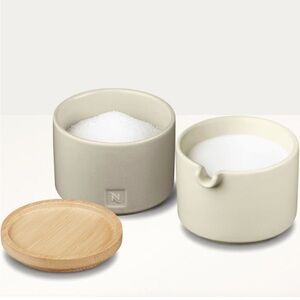 BNIB Ceramic Sugar and Creamer Set with Bamboo Lid & Cappuccino Cup